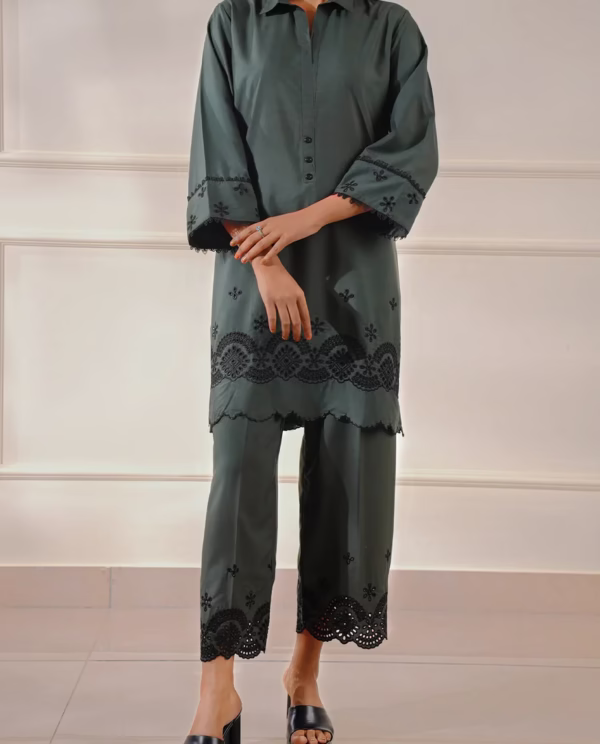 SAYA|  Solid Embroidered Polyester | Stitched 2 Piece (Shirt/Trouser) Dark Green | Annisafashion