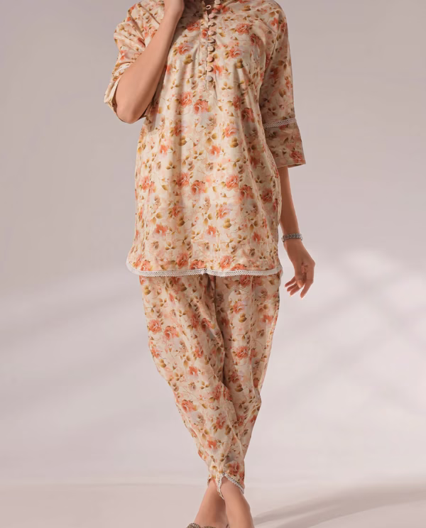 SAYA Printed Lawn Stitched 2 Piece (Shirt/Trouser) | Peach | Annisafashion