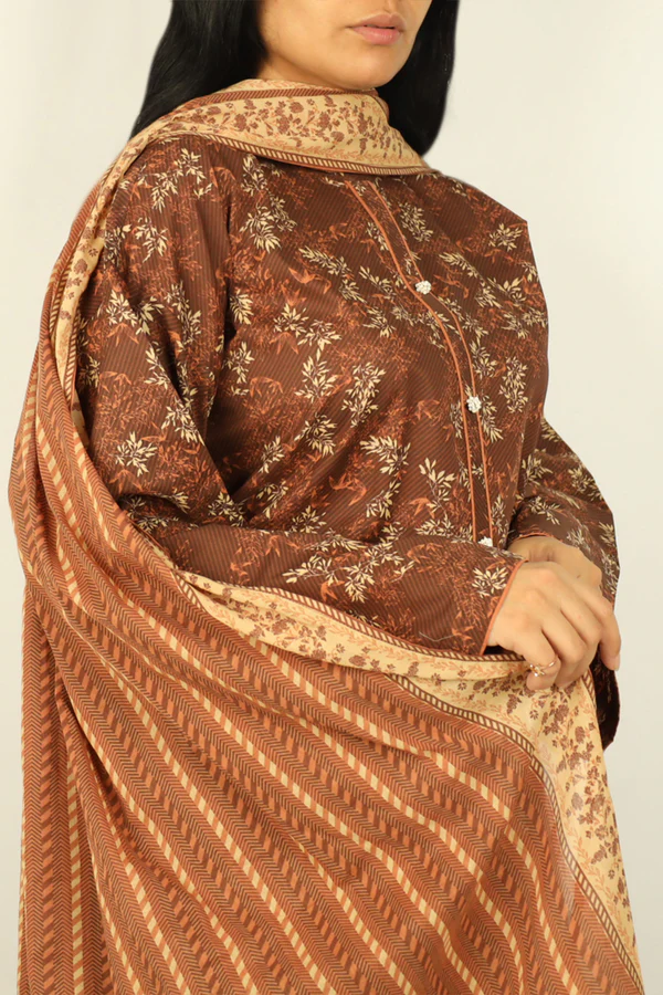 Saya Light Brown Lawn Suit for Women | 3-Pc Unstitched Suit - Image 3