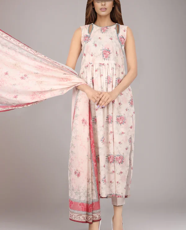 Saya Cream Lawn Suit for Women | 3-Pc Unstitched Suit
