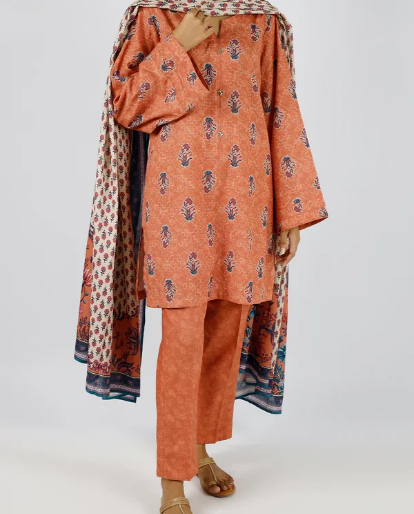 Saya Orange | Cotton Viscose Suit for Women | 3-Pc Unstitched Suit