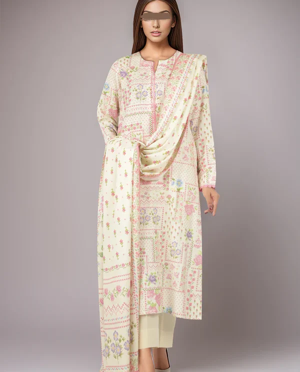 Printed Cotton Khaddar Unstitched 3 Piece | Ivory |  Saya | Annisafashion