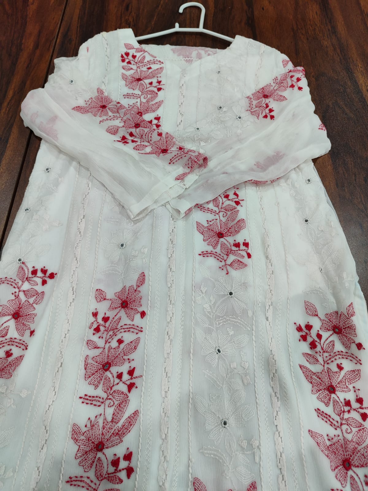 Handmade Multani Work Stitched Suit in White Red
