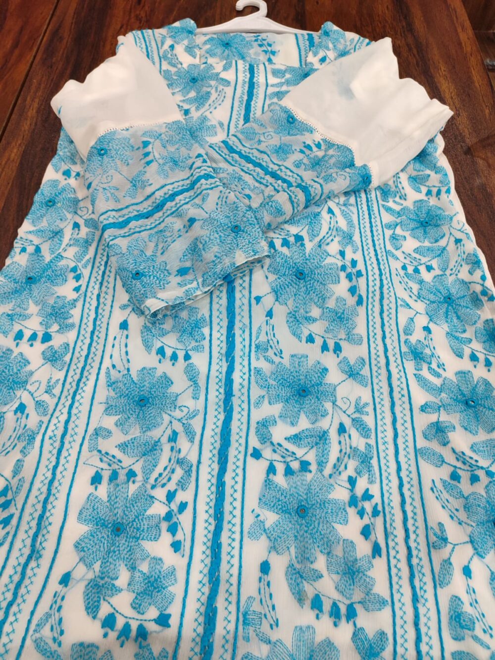 Handmade Multani Work Stitched Suit in White Blue