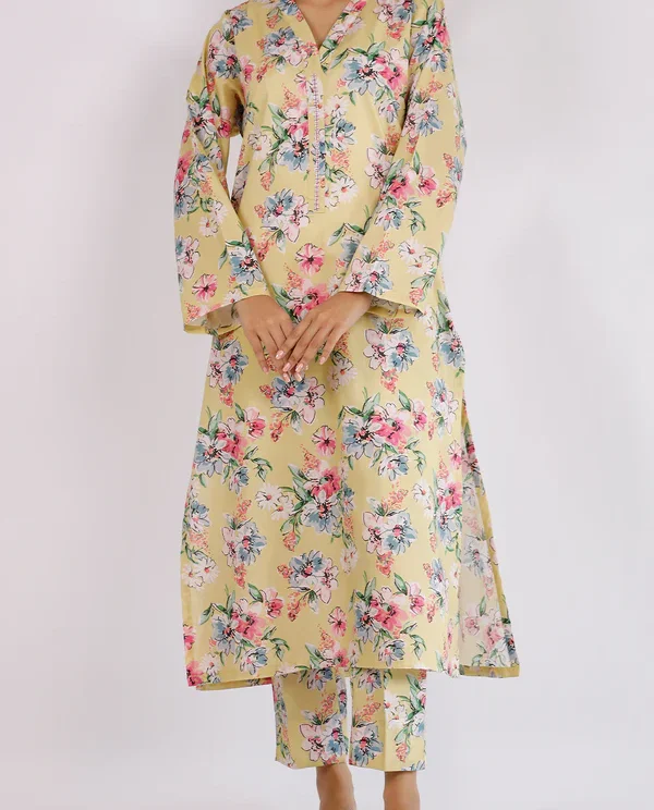 Cool Yellow Stitched Printed Suit | Stylish 2-Piece PRET Suit