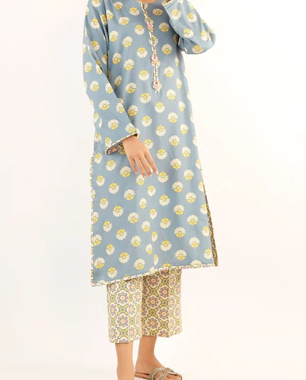 Grey-Blue Stitched Printed Suit | Stylish 2-Piece PRET Suit