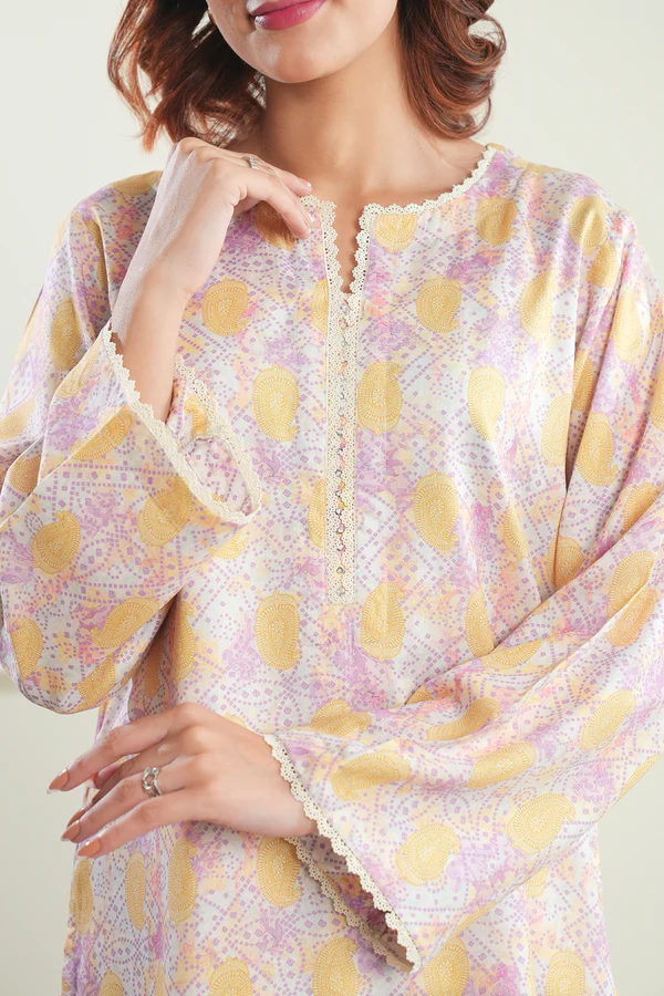 Warm Yellow Stitched Printed Suit | Stylish 2-Piece PRET Suit