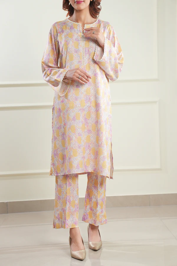 Warm Yellow Stitched Printed Suit | Stylish 2-Piece PRET Suit - Image 9