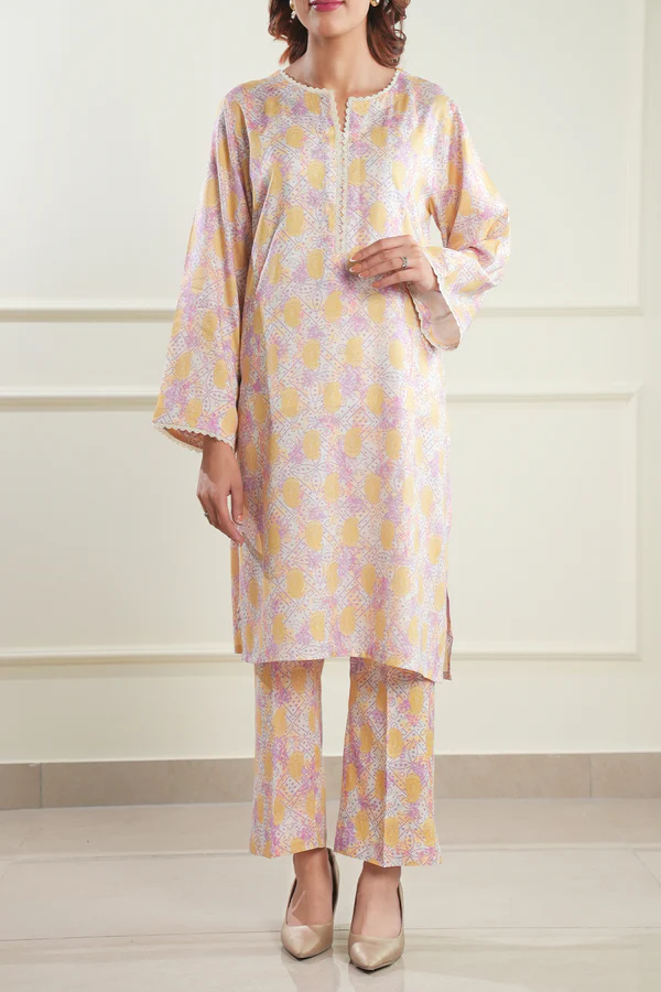Warm Yellow Stitched Printed Suit | Stylish 2-Piece PRET Suit - Image 8