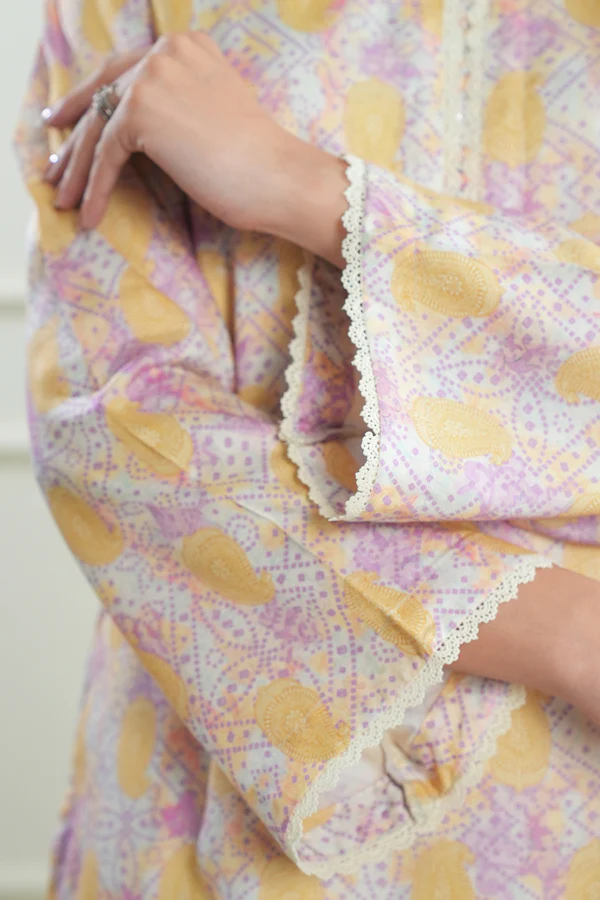 Warm Yellow Stitched Printed Suit | Stylish 2-Piece PRET Suit - Image 2