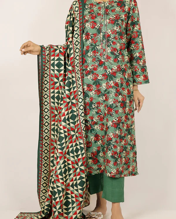Dark Green Lawn Stitched Printed Suit | Stylish 3-Piece PRET Suit