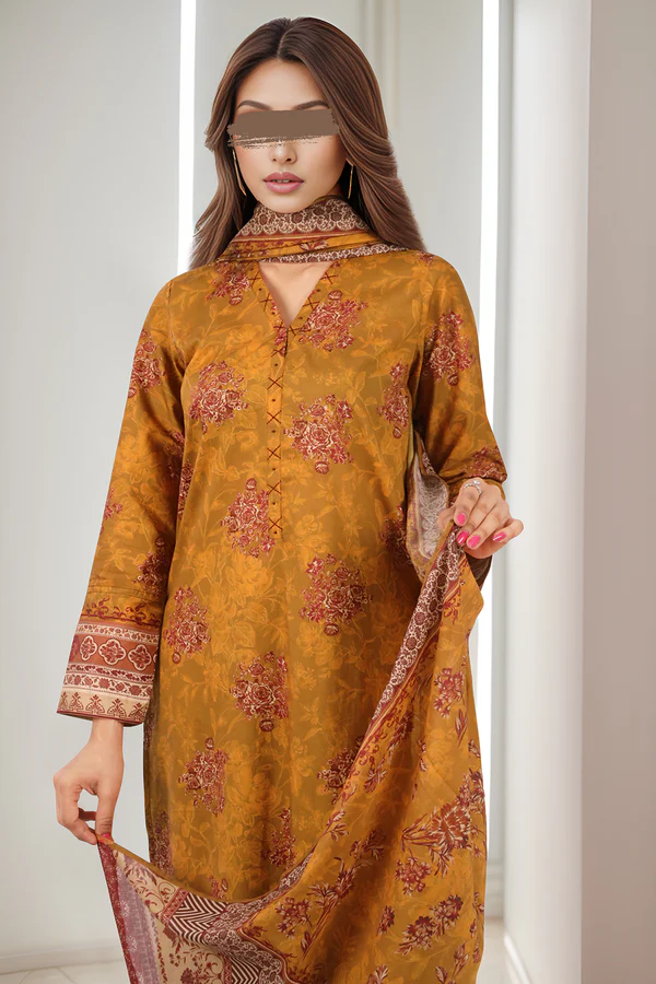 Saya Dark Mustard Lawn Suit for Women | 3-Pc Unstitched Suit - Image 3