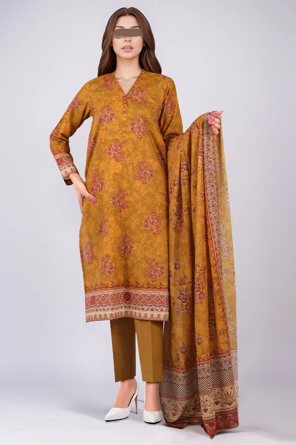 Saya Dark Mustard Lawn Suit for Women | 3-Pc Unstitched Suit - Image 2