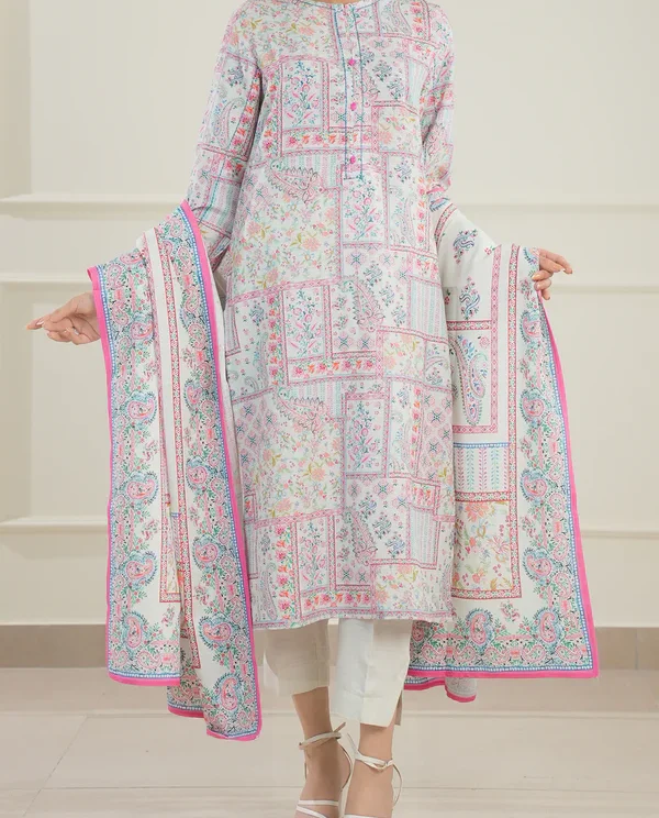 Printed Cotton Khaddar Stitched 3 Piece Ivory |  Saya | Annisafashion