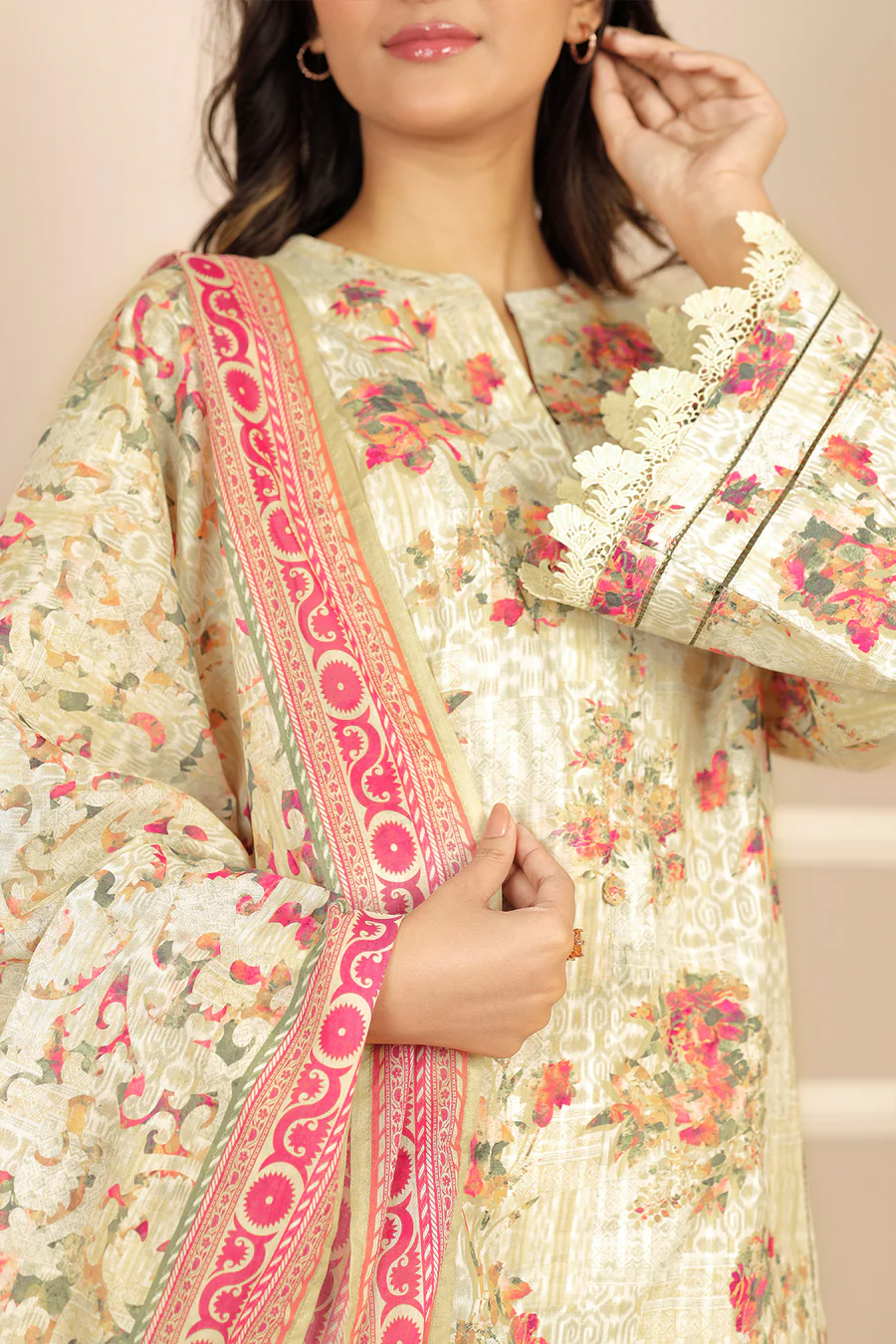 Unstitched 3 Piece Lawn Suit | Beige | Saya | Annisafashion - Image 2