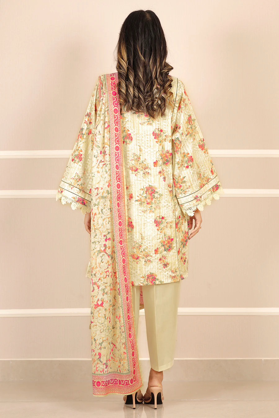 Unstitched 3 Piece Lawn Suit | Beige | Saya | Annisafashion - Image 3