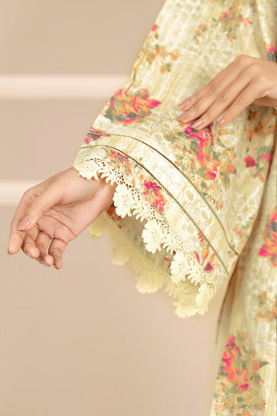 Unstitched 3 Piece Lawn Suit | Beige | Saya | Annisafashion - Image 5