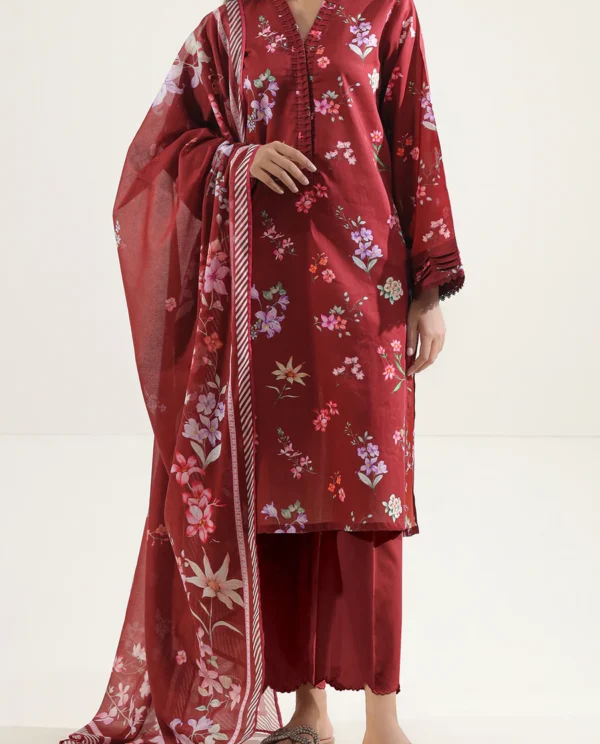 Unstitched 3 Piece Lawn Suit | Red | Saya | Annisafashion