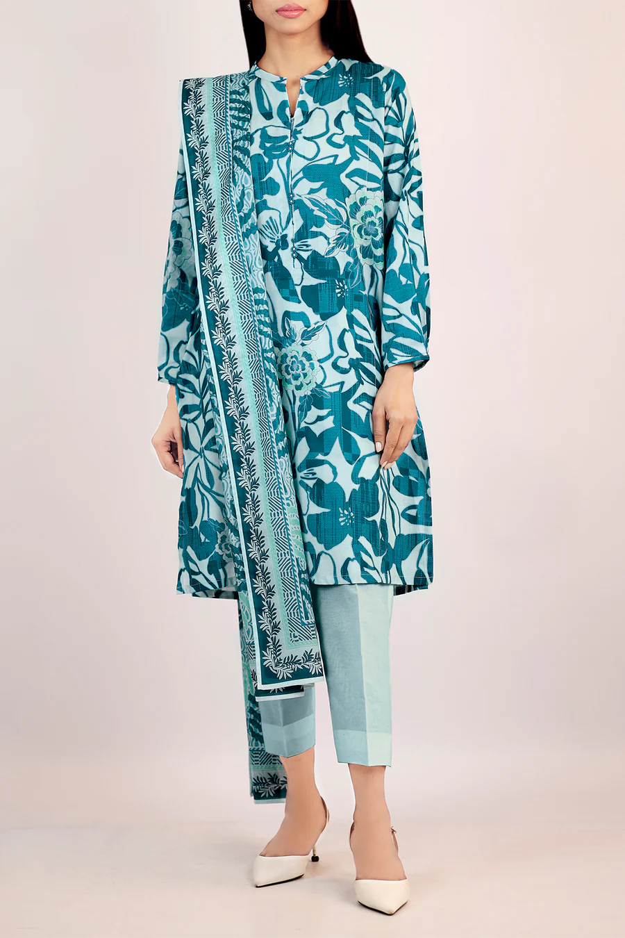 Unstitched 3 Piece Lawn Suit | Turquoise | Saya | Annisafashion