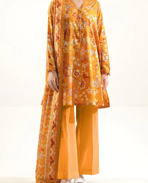 Unstitched 3-Piece Lawn Suit with Zari Dupatta – Mustard | Saya | Annisafashion