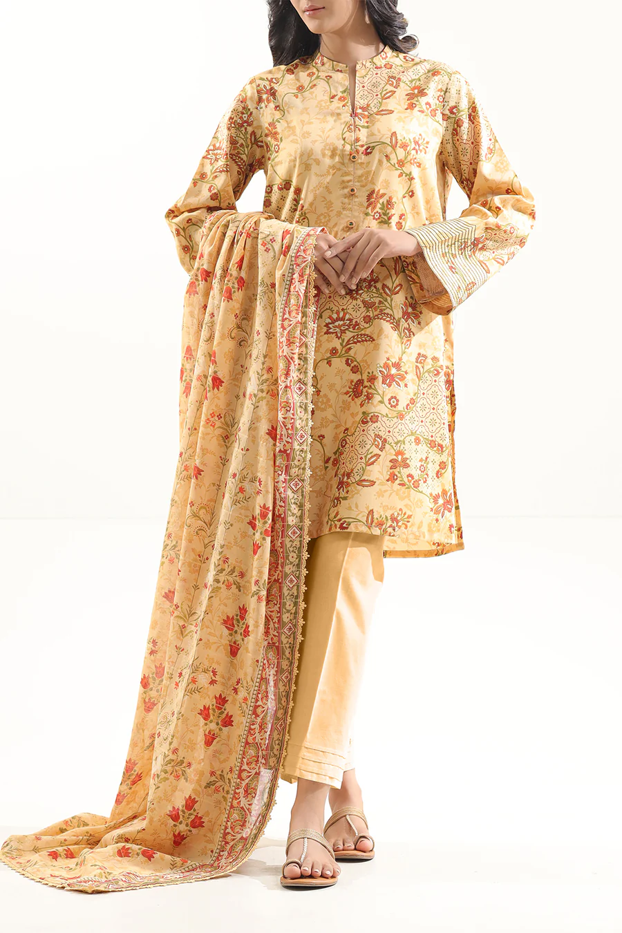 Unstitched 3-Piece Lawn Suit – Beige | Saya | Annisafashion