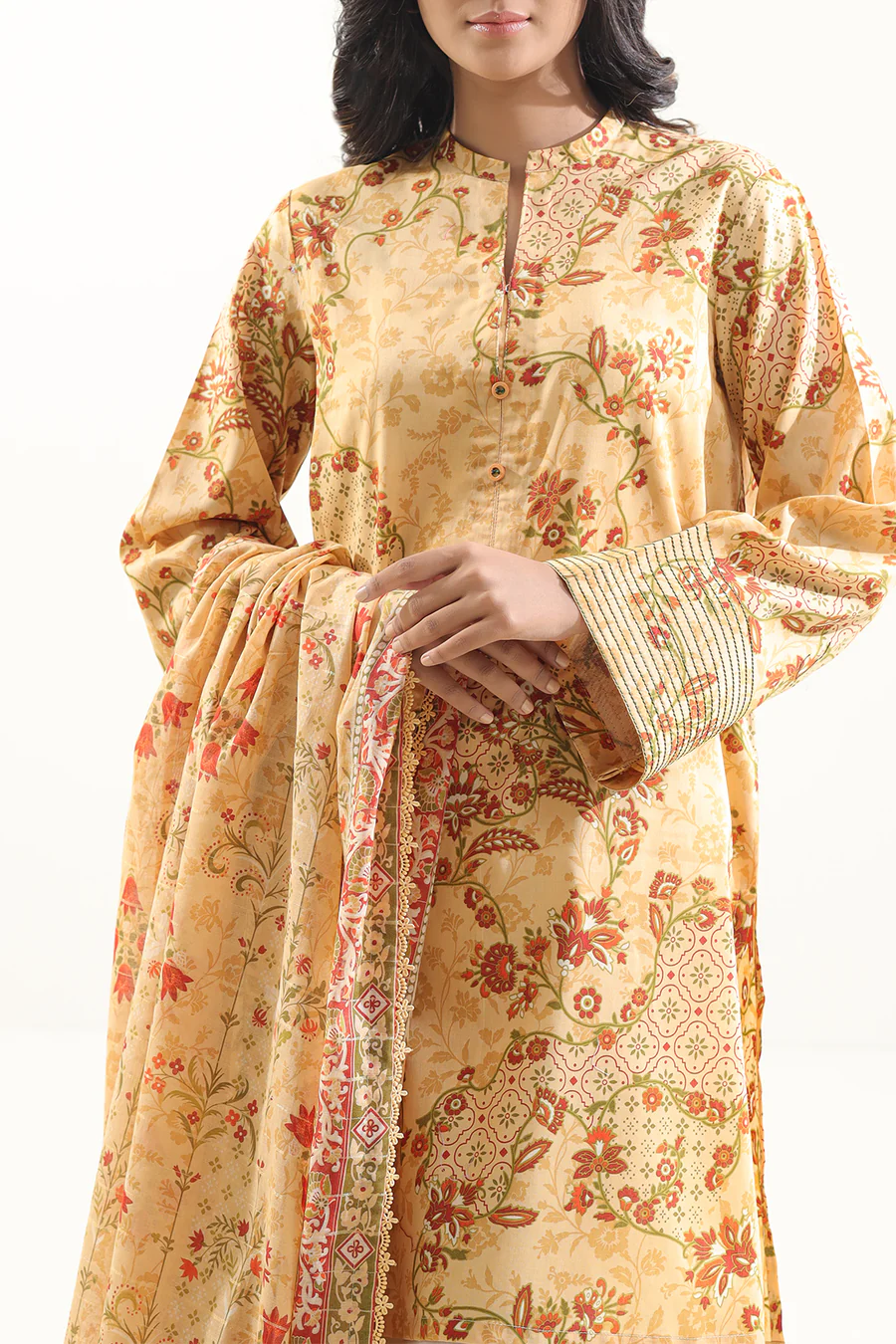 Unstitched 3-Piece Lawn Suit – Beige | Saya | Annisafashion - Image 2