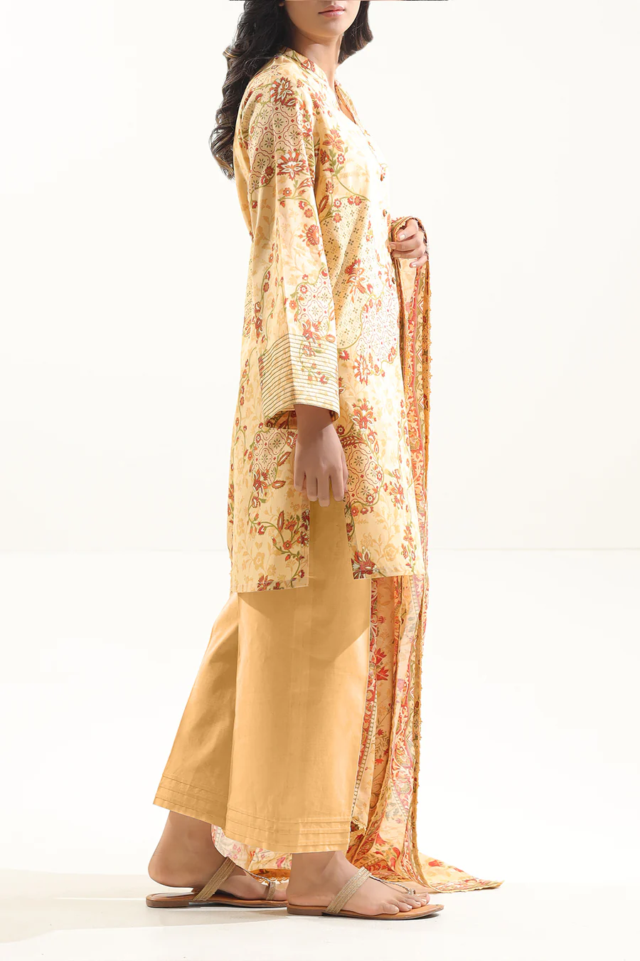 Unstitched 3-Piece Lawn Suit – Beige | Saya | Annisafashion - Image 3