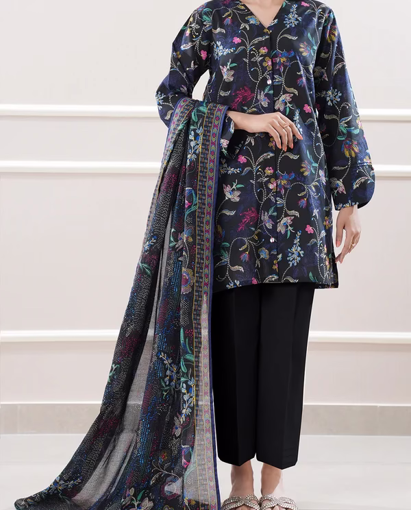 Unstitched 3-Piece Lawn Suit – Wine Black | Saya | Annisafashion