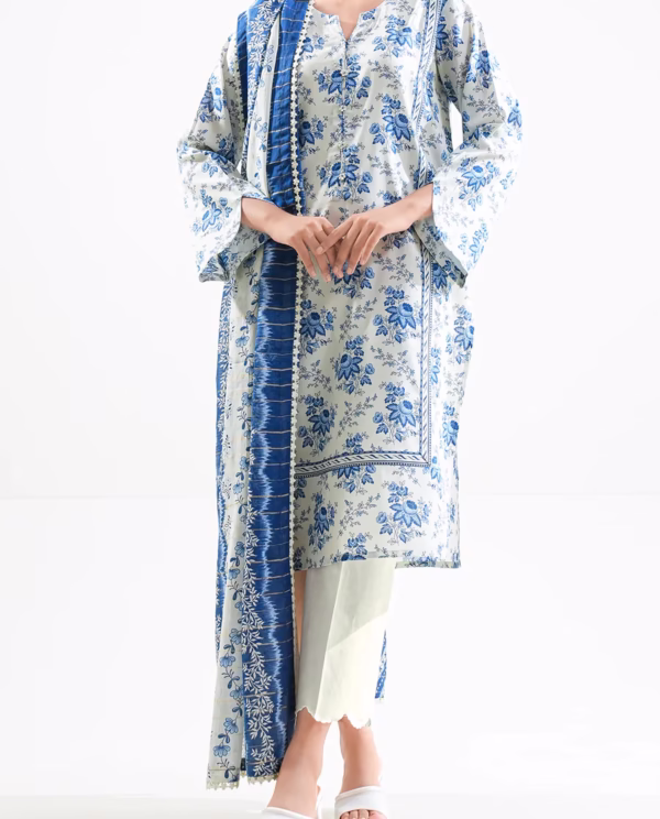 Unstitched 3-Piece Lawn Suit – White Blu | Saya | Annisafashion