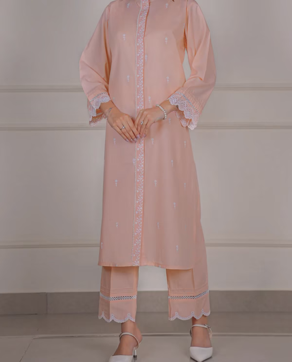 Solid Embroidered Polyester Light Peach Stitched 2 Piece (Shirt/Trouser) | SAYA | Annisafashion