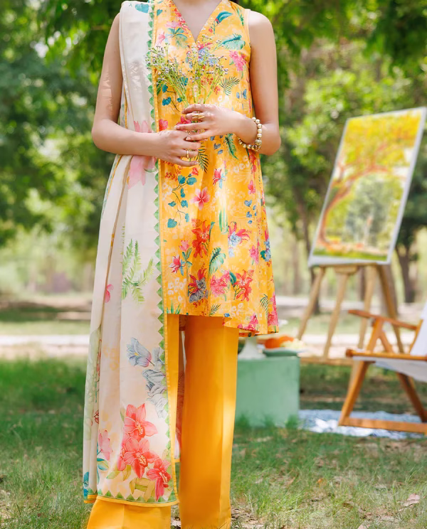 Unstitched 3-Piece Lawn Suit – Yellow| Saya | Annisafashion