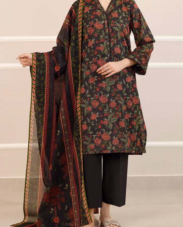 Unstitched 3-Piece Lawn Suit – Red Black | Saya | Annisafashion