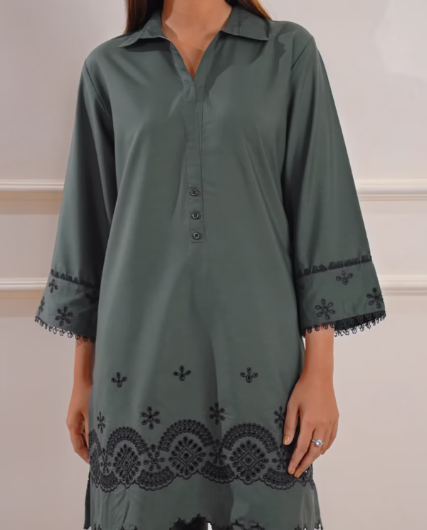 Solid Embroidered Dark Green Polyester Stitched 2 Piece (Shirt/Trouser)|Saya| Annisafashion