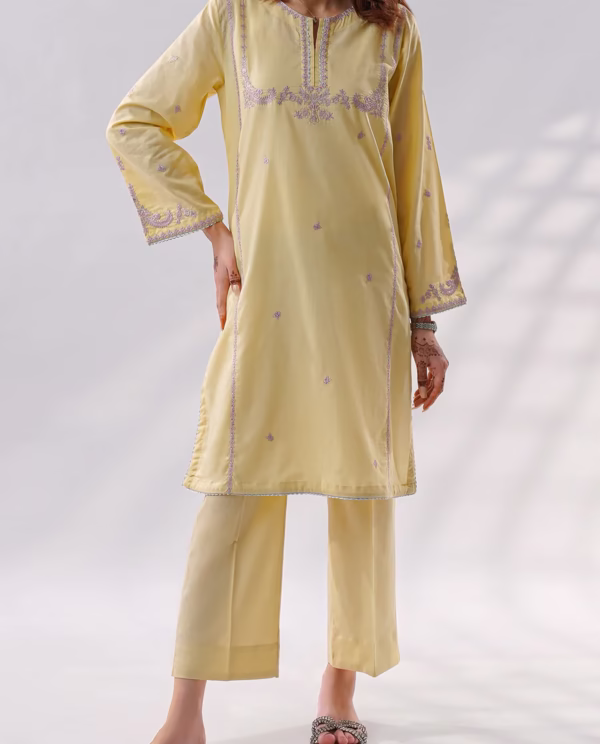 Solid Embroidered Yellow Cotton Stitched 2 Piece (Shirt/Trouser)| Saya | Annisafashion