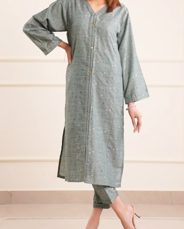 Cotton Jacquard Green Stitched 2 Piece (Shirt/Trouser)|Saya| Annisafashion