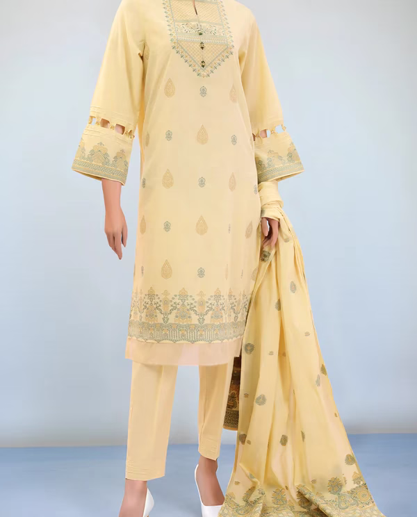 Unstitched Jacquard Cotton 3 Piece Suit-Lemon Yellow | Saya | Annisafashion