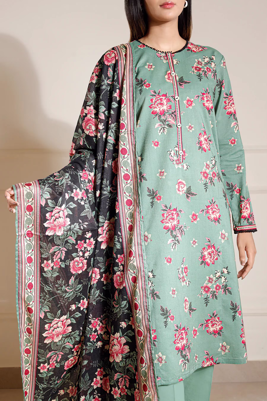 Unstitched 3-Piece Lawn Suit – Mint Gre | Saya | Annisafashion - Image 5