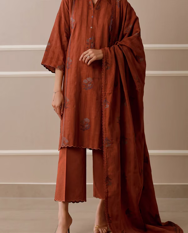 Unstitched Jacquard Cotton 3 Piece Suit-Rust | Saya | Annisafashion