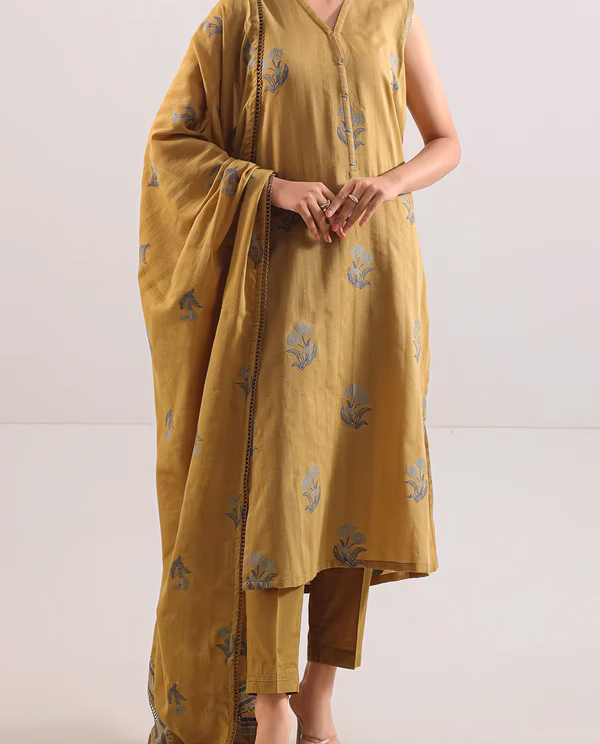 Unstitched Jacquard Cotton 3 Piece Suit-Dull Gold | Saya | Annisafashion