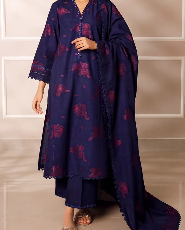 Unstitched Jacquard Cotton 3 Piece Suit-Dark Blue | Saya | Annisafashion