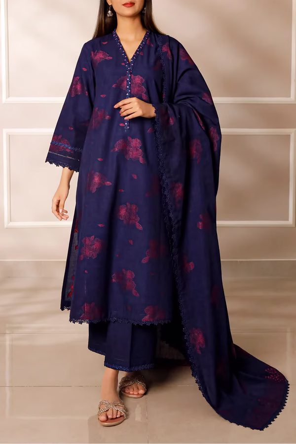 Unstitched Jacquard Cotton 3 Piece Suit-Dark Blue | Saya | Annisafashion