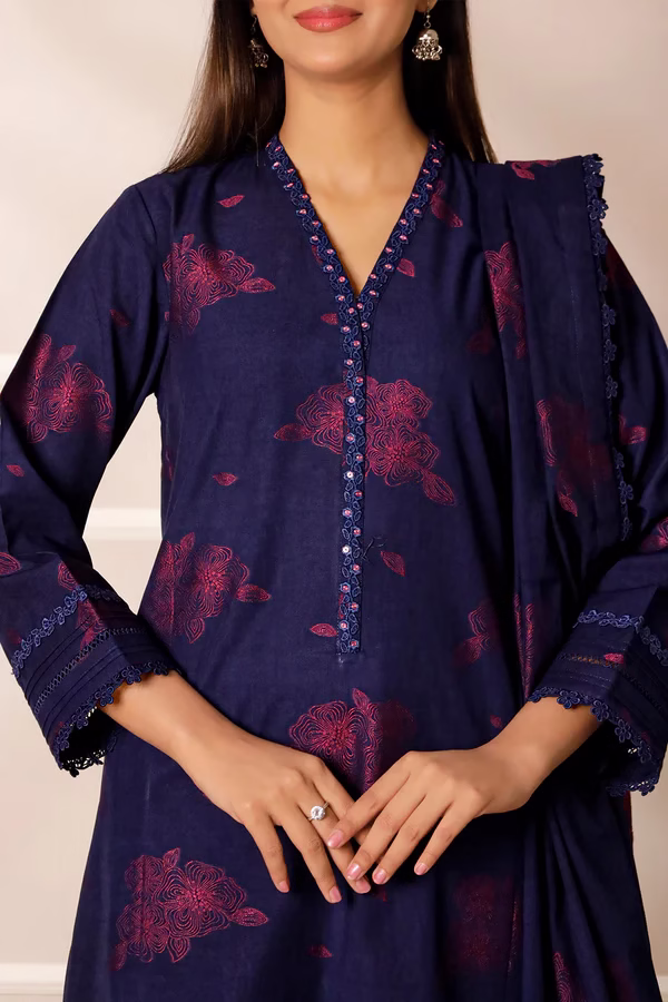 Unstitched Jacquard Cotton 3 Piece Suit-Dark Blue | Saya | Annisafashion - Image 4