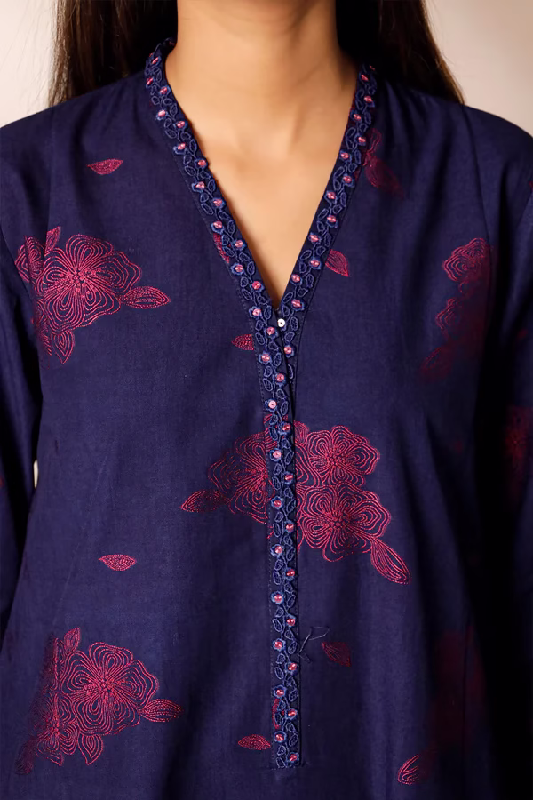 Unstitched Jacquard Cotton 3 Piece Suit-Dark Blue | Saya | Annisafashion - Image 2