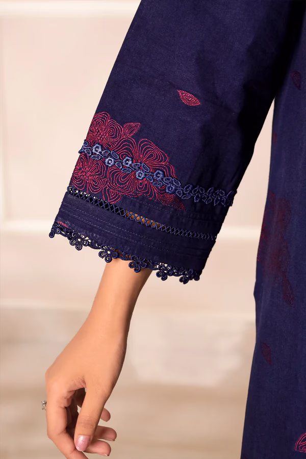 Unstitched Jacquard Cotton 3 Piece Suit-Dark Blue | Saya | Annisafashion - Image 3