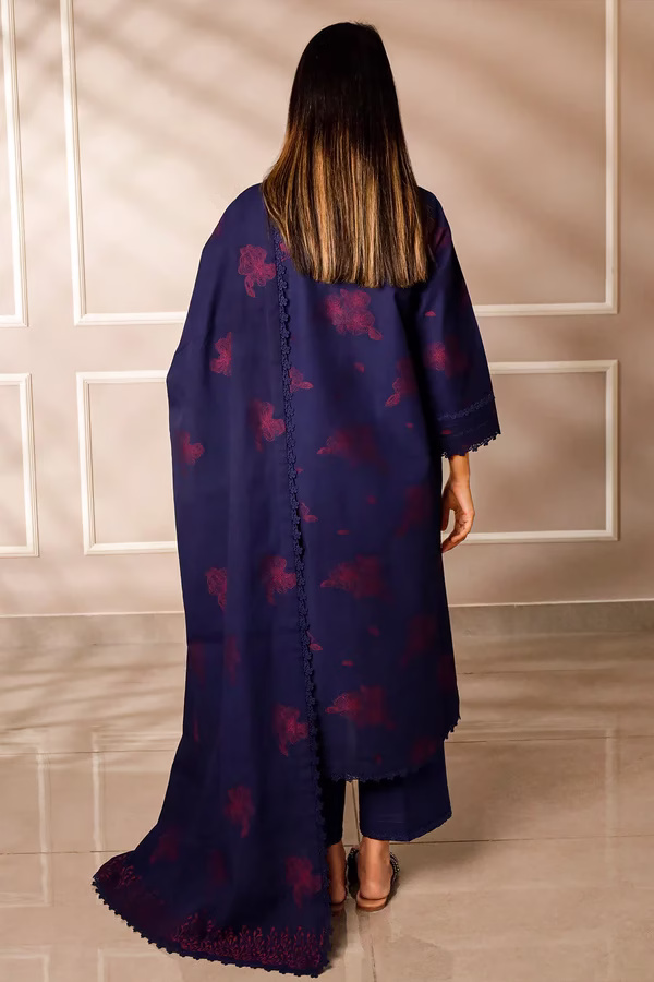 Unstitched Jacquard Cotton 3 Piece Suit-Dark Blue | Saya | Annisafashion - Image 6