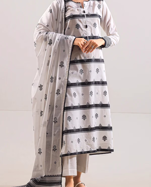 Unstitched Jacquard Cotton 3 Piece Suit-White Sand | Saya | Annisafashion