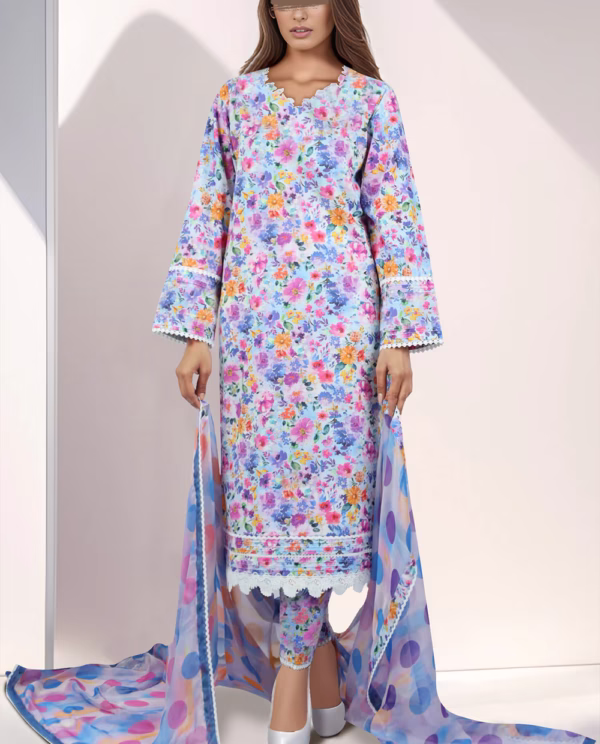Unstitched-Printed-Embroidered- Blue-Lawn-3 Piece-Suit | With Chiffon Dupatta | Saya | Annisafashion