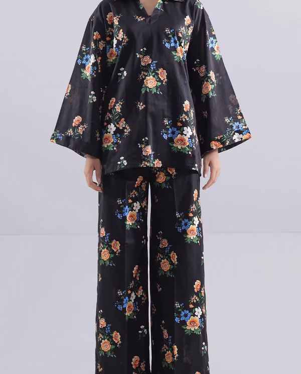 Unstitched Printed Lawn 2 Piece (Shirt/Trouser)| Black | Saya | Annisafashion