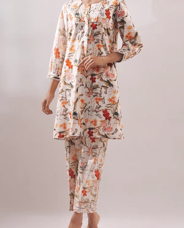 Unstitched Printed Lawn 2 Piece (Shirt/Trouser)| White | Saya | Annisafashion