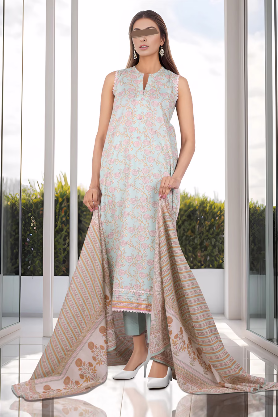 Blue Lawn Stitched Printed Suit | Stylish 3-Piece PRET | Annisafashion - Image 3